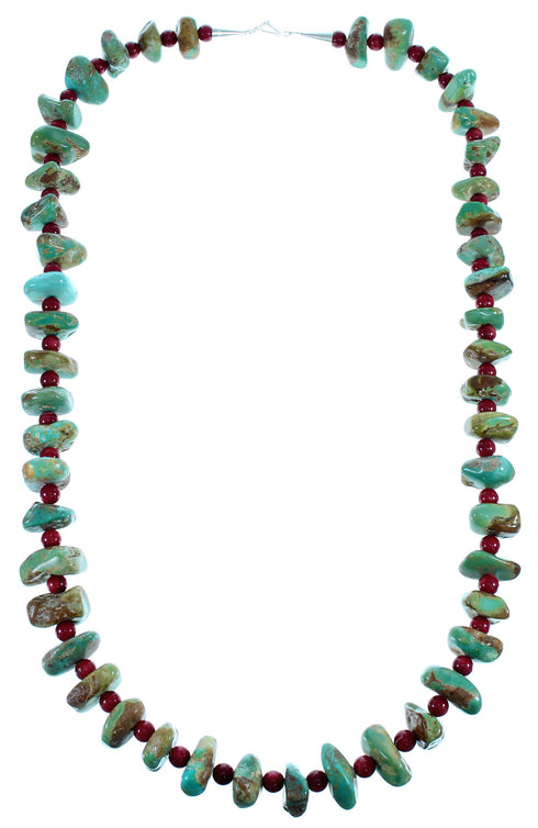 Kingman Turquoise And Coral Sterling Silver Navajo Bead Necklace SX108076