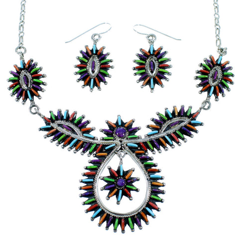 Southwestern Multicolor Needlepoint Sterling Silver Link Necklace Set SX108331