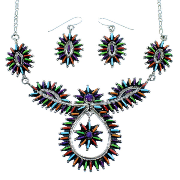 Southwestern Multicolor Needlepoint Sterling Silver Link Necklace Set SX108331