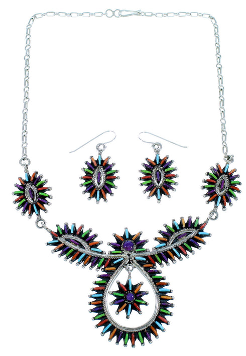 Southwestern Multicolor Needlepoint Sterling Silver Link Necklace Set SX108331