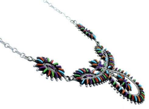 Southwestern Multicolor Needlepoint Sterling Silver Link Necklace Set SX108331