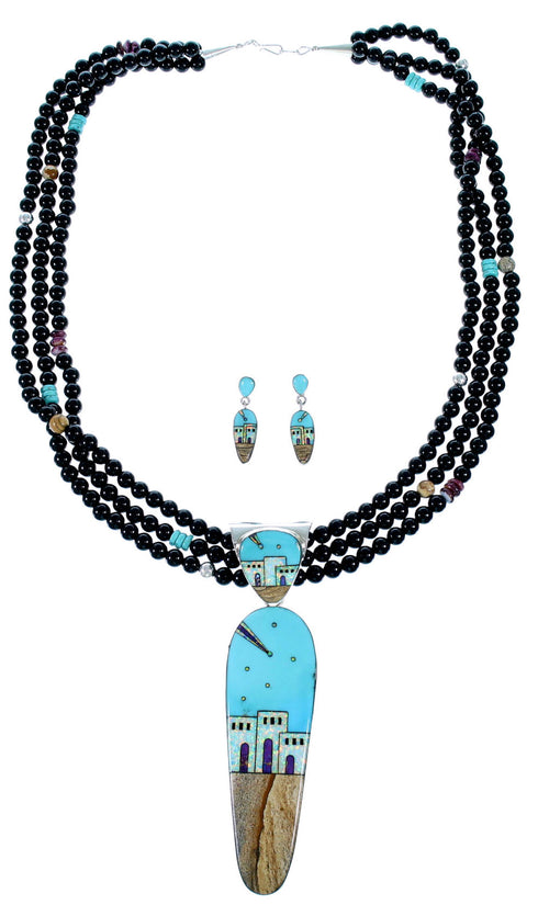 Native American Pueblo Design Multicolor Silver Necklace And Earring Set PX35234