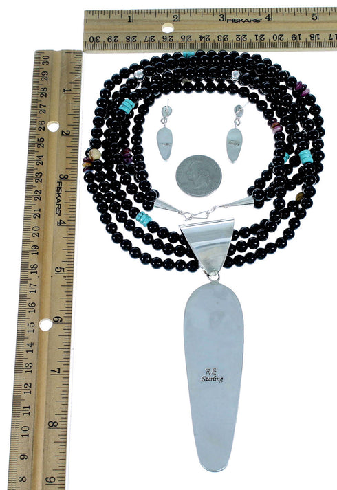 Native American Pueblo Design Multicolor Silver Necklace And Earring Set PX35234