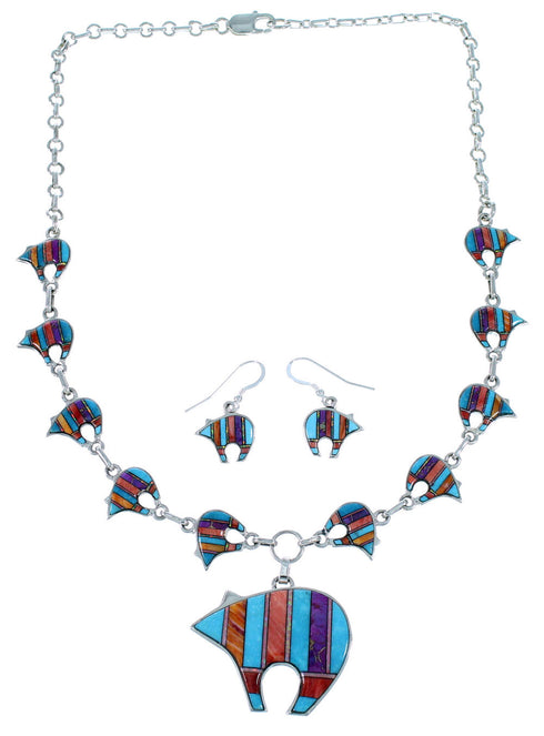 Sterling Silver Turquoise Multicolor Bear Link Necklace Set HS28659