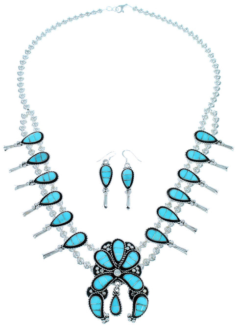 Zuni Indian Authentic Sterling Silver Turquoise Inlay Squash Blossom Necklace Set SX108784