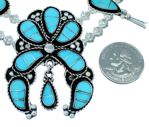 Zuni Indian Authentic Sterling Silver Turquoise Inlay Squash Blossom Necklace Set SX108784