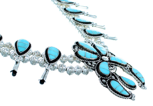 Zuni Indian Authentic Sterling Silver Turquoise Inlay Squash Blossom Necklace Set SX108784