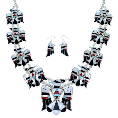 Multicolor Thunderbird Sterling Silver Zuni Squash Blossom Necklace Set SX109207