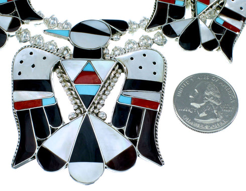 Multicolor Thunderbird Sterling Silver Zuni Squash Blossom Necklace Set SX109207