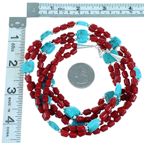 Coral Turquoise Sterling Silver Navajo Indian Bead Necklace RX111005