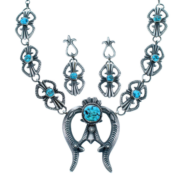 Turquoise Old Pawn Style Sterling Silver Navajo Naja Necklace Set SX111774