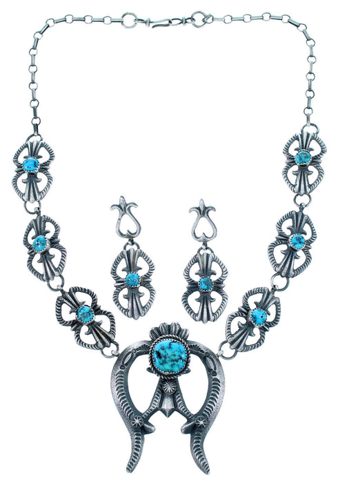 Turquoise Old Pawn Style Sterling Silver Navajo Naja Necklace Set SX111774