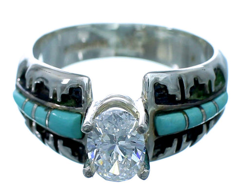 Turquoise Inlay Sterling Silver Southwestern Cubic Zirconia Wedding Ring Size 6-1/2 LX113101