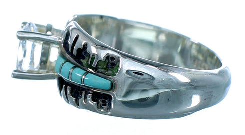 Turquoise Inlay Sterling Silver Southwestern Cubic Zirconia Wedding Ring Size 6-1/2 LX113101