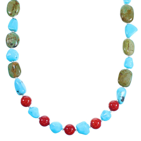 Coral and Turquoise Southwestern Genuine Sterling Silver Bead Necklace LX114212