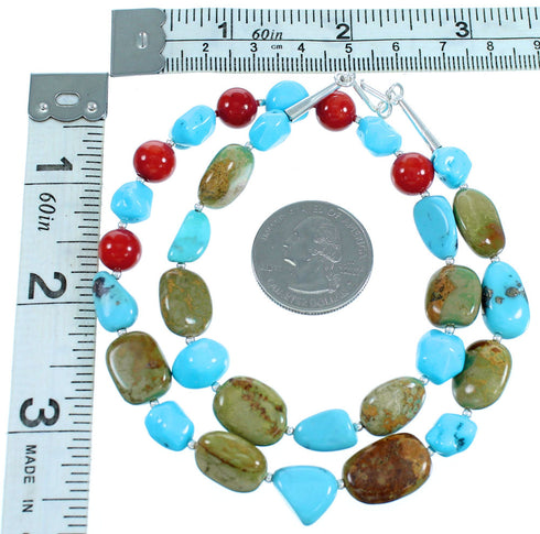 Coral and Turquoise Southwestern Genuine Sterling Silver Bead Necklace LX114212