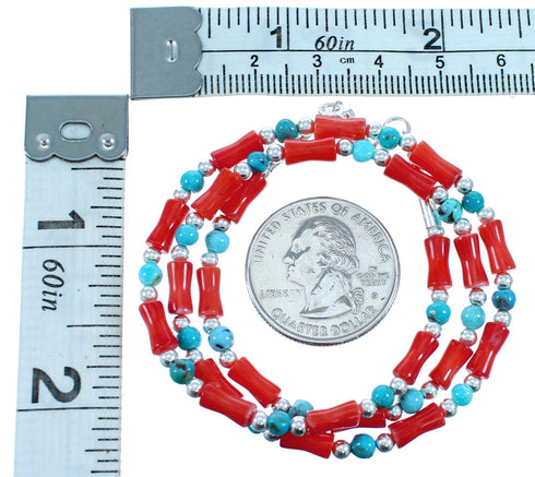 Turquoise And Coral Authentic Sterling Silver Bead Necklace LX114587