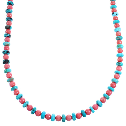 Turquoise And Pink Coral Sterling Silver Bead Necklace SX115077