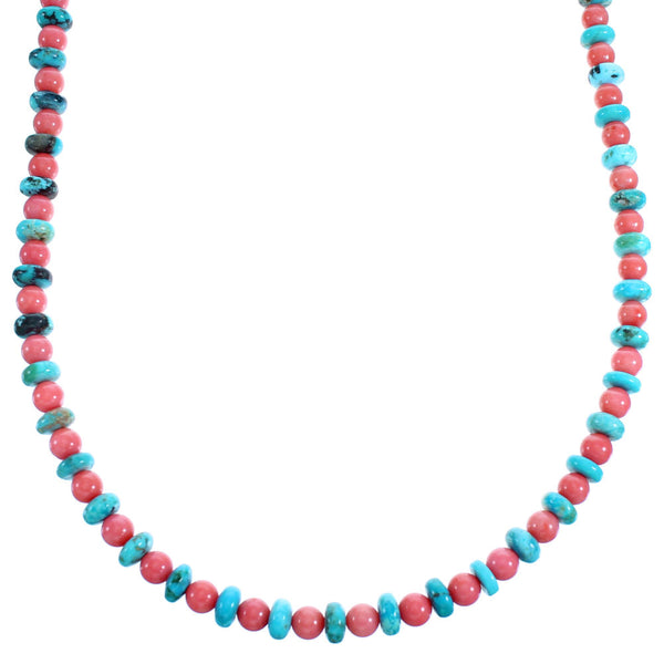 Turquoise And Pink Coral Sterling Silver Bead Necklace SX115077