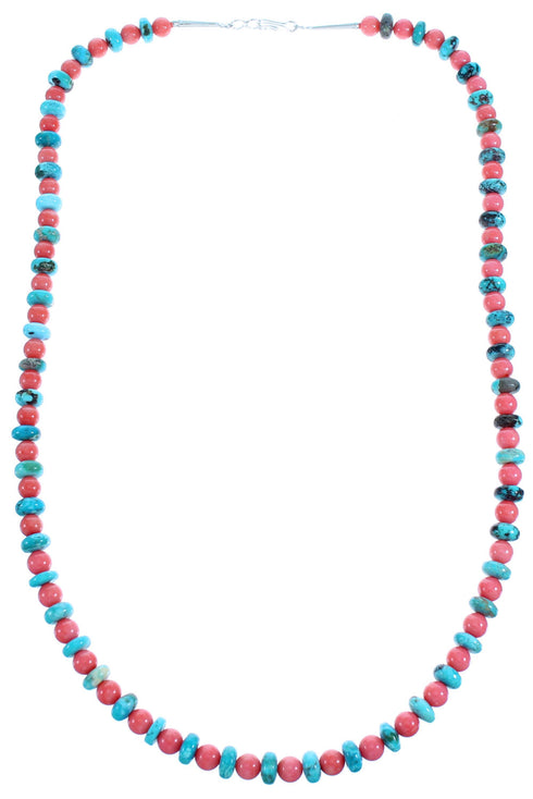 Turquoise And Pink Coral Sterling Silver Bead Necklace SX115077