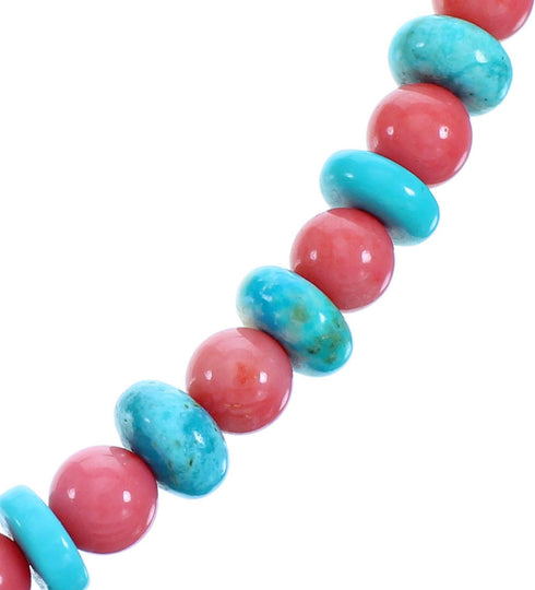 Turquoise And Pink Coral Sterling Silver Bead Necklace SX115077