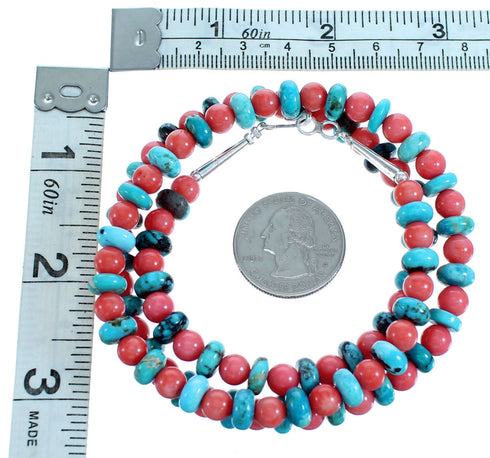 Turquoise And Pink Coral Sterling Silver Bead Necklace SX115077