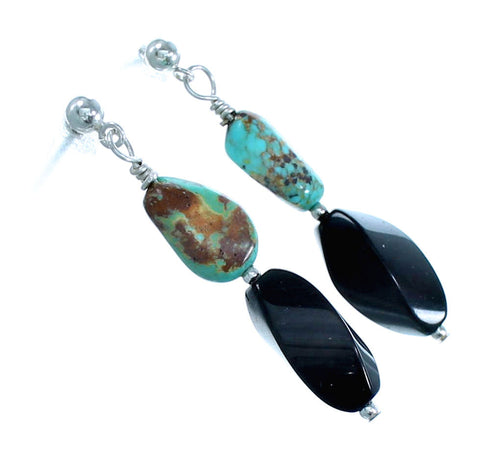 Turquoise Onyx Southwest Sterling Silver Bead Post Dangle Earrings RX115138