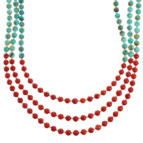 Turquoise Coral Sterling Silver 3-Strand Bead Necklace RX115203