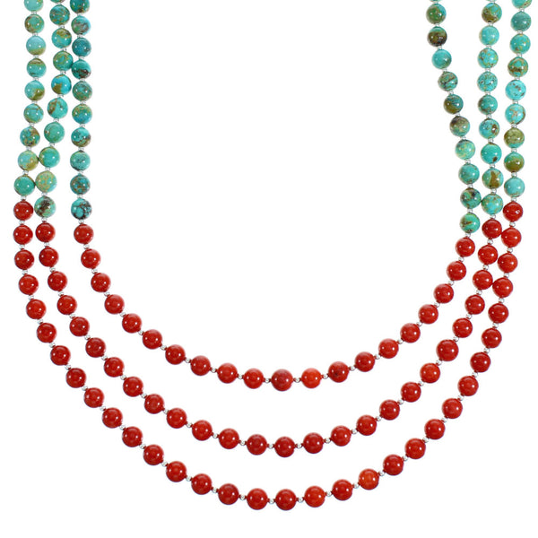Turquoise Coral Sterling Silver 3-Strand Bead Necklace RX115203
