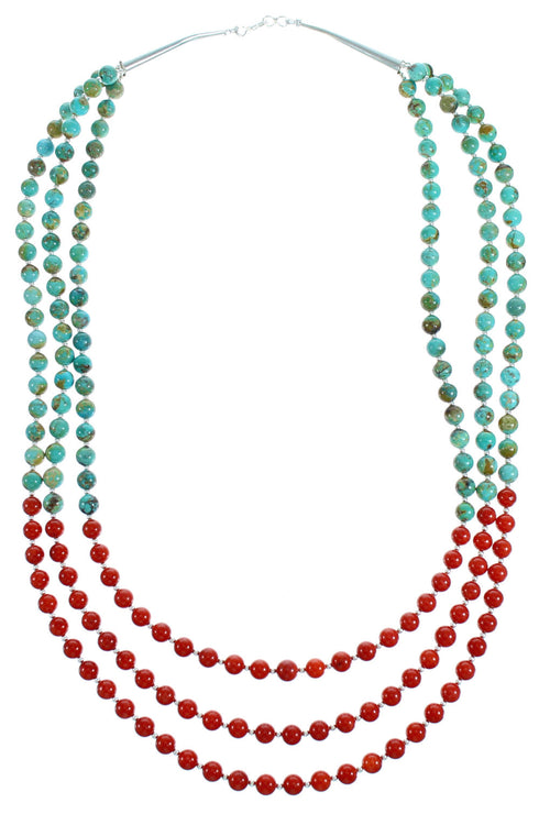 Turquoise Coral Sterling Silver 3-Strand Bead Necklace RX115203