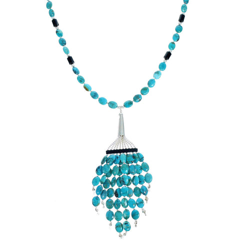 Sterling Silver Turquoise And Onyx Bead Necklace SX115335