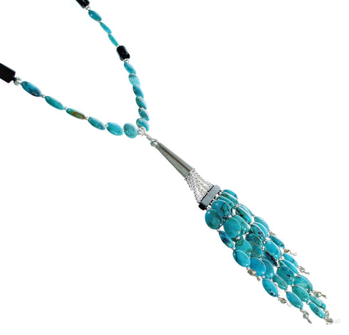 Sterling Silver Turquoise And Onyx Bead Necklace SX115335