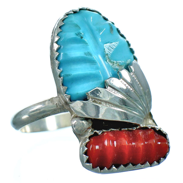 Native American Silver Turquoise Coral Ring Size 8-1/2 FX26922
