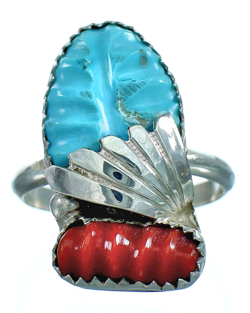 Native American Silver Turquoise Coral Ring Size 8-1/2 FX26922