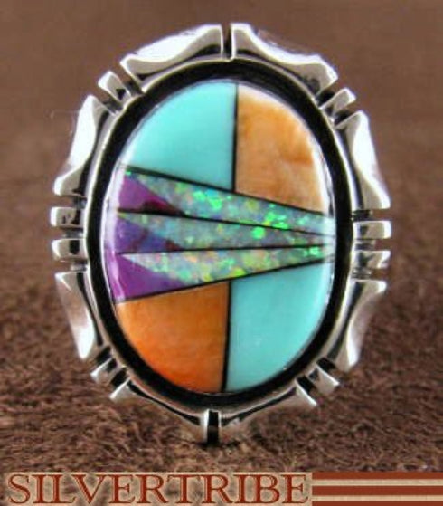 Turquoise Multicolor Inlay Sterling Silver Ring Size 5-3/4 DS38940