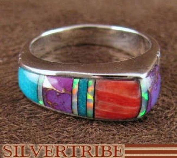 Silver Red Oyster Shell Multicolor Inlay Ring Size 6-1/2 NS39134