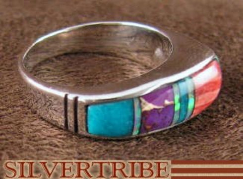 Silver Red Oyster Shell Multicolor Inlay Ring Size 6-1/2 NS39134