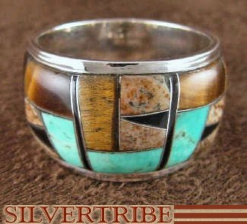 Sterling Silver And Multicolor Inlay Ring Size 8-1/4 DS42382