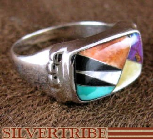 Genuine Sterling Silver And Multicolor Inlay Ring Size 6-3/4 HS47188