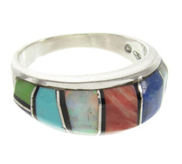 Southwestern Sterling Silver Multicolor Inlay Ring Size 8-3/4 PS60542