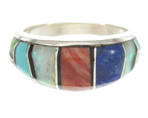 Southwestern Sterling Silver Multicolor Inlay Ring Size 8-3/4 PS60542