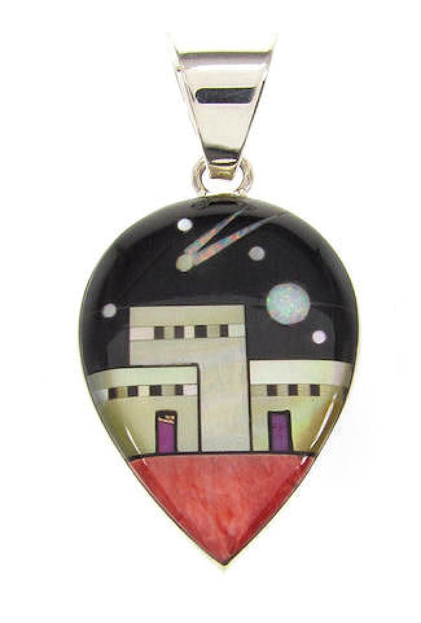 Native American Village Design Multicolor Silver Pendant AW68047