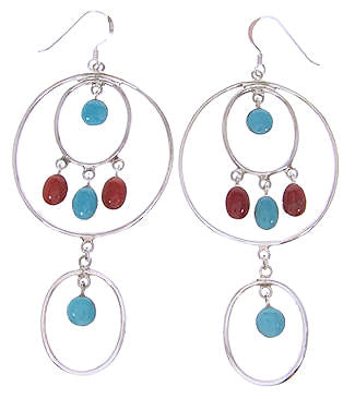 Southwest Sterling Silver Jewelry Coral and Turquoise Hook Dangle Earrings IS59704