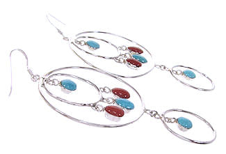 Southwest Sterling Silver Jewelry Coral and Turquoise Hook Dangle Earrings IS59704