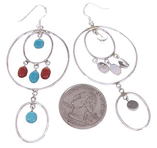 Southwest Sterling Silver Jewelry Coral and Turquoise Hook Dangle Earrings IS59704