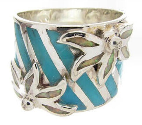 Floral Turquoise Opal Inlay Sterling Silver Ring Size 5-1/4 IS60649