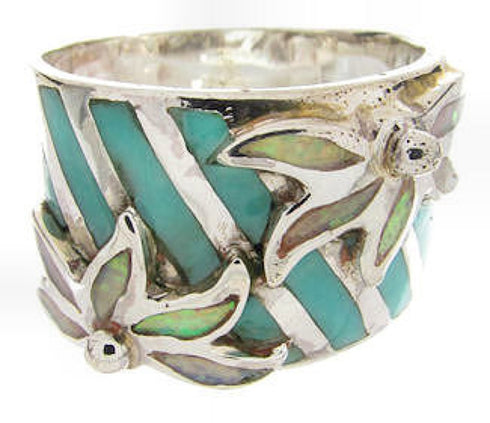 Turquoise Floral Silver Ring Opal Inlay Jewelry Size 5-3/4 IS60695