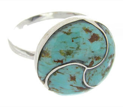 Southwestern Turquoise Inlay Silver Ring Size 7-1/2 YS63539