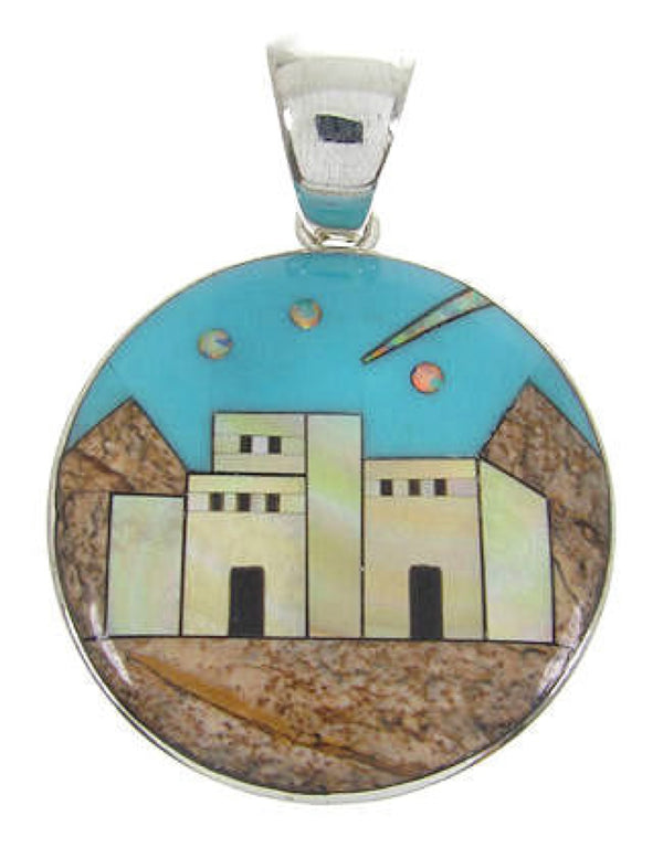 Multicolor Native American Village Design Silver Pendant YS63119