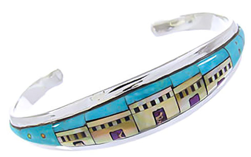 Sterling Silver Native American Village Design Multicolor Cuff Bracelet YS66686